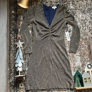NWT Revolve L’AGENCE Metallic Gold & Navy Ruched Sleeved Fitted Dress